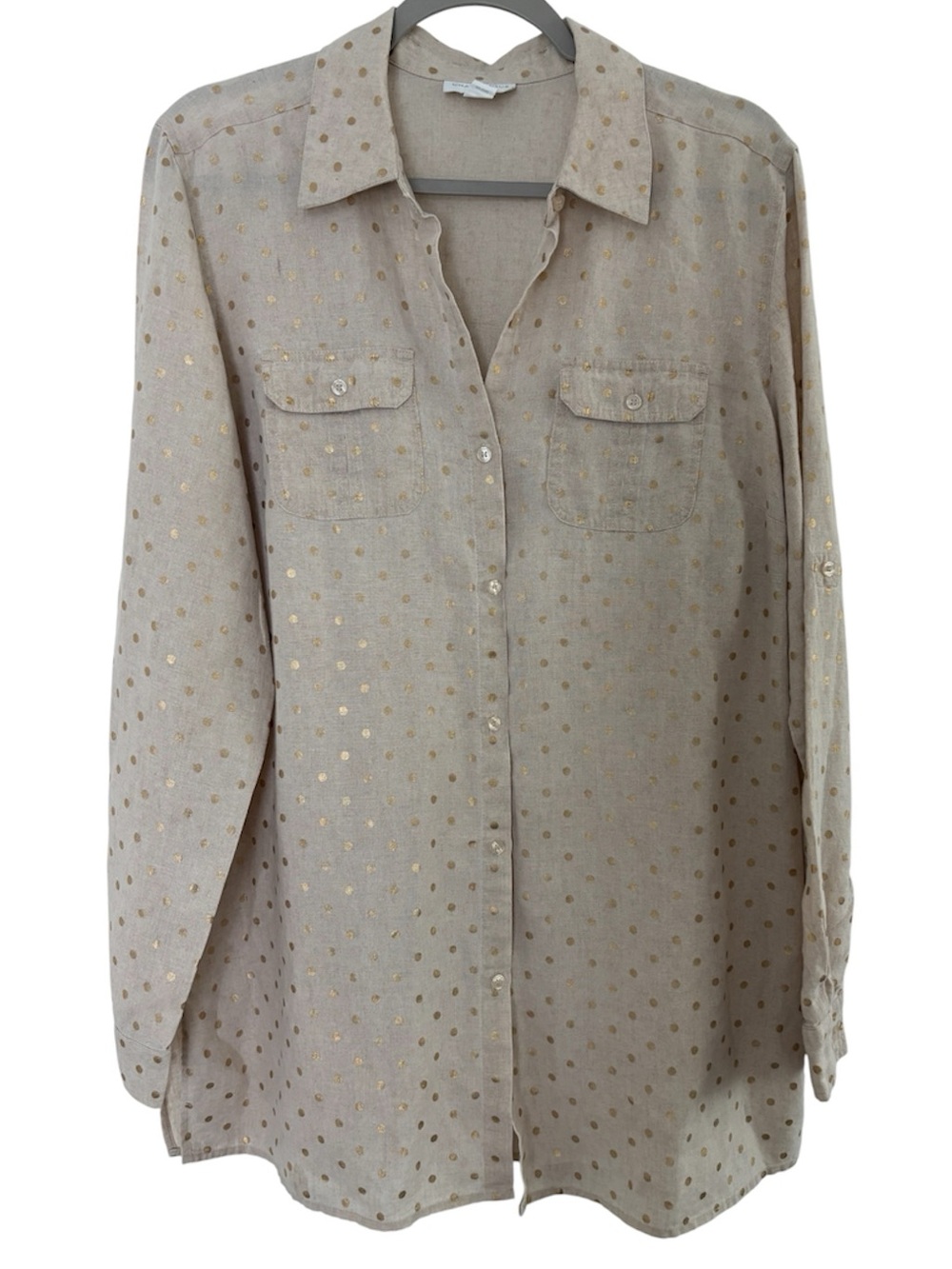 XL Charter Club Taupe Button-Down Shirt  Tunic with Gold Dot Print